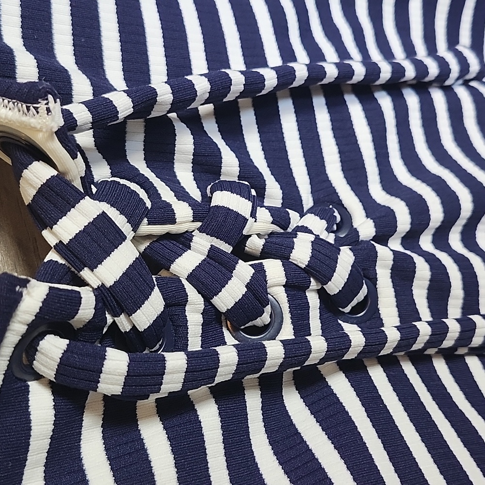 Aerie Striped Ribbed Lace Up Swimsuit Navy and White - Picture 5 of 10